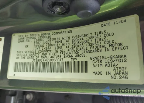 2005 Toyota 4Runner Sr5 V6 z USA, uszkodzony, nr VIN JTEBU14R850063247